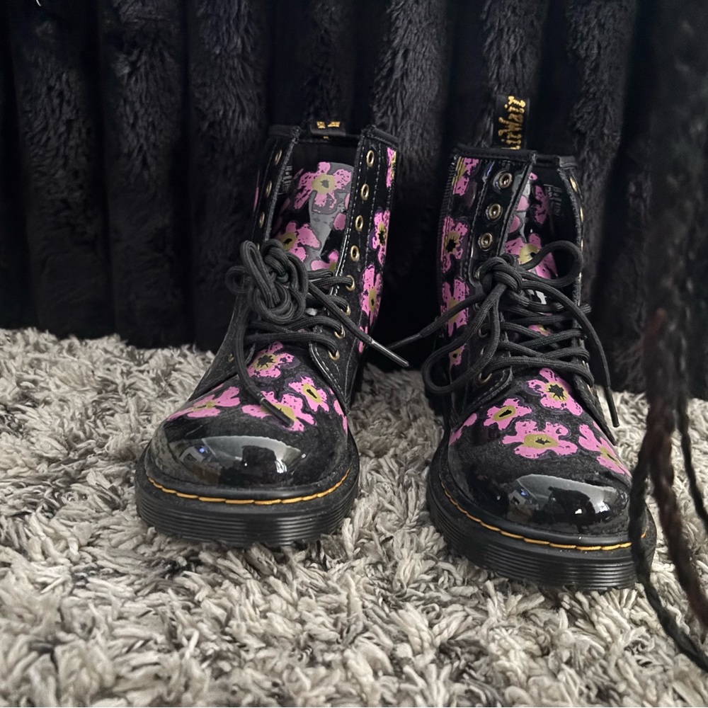 Dr. Martens Black and Pink Floral Kids Boots